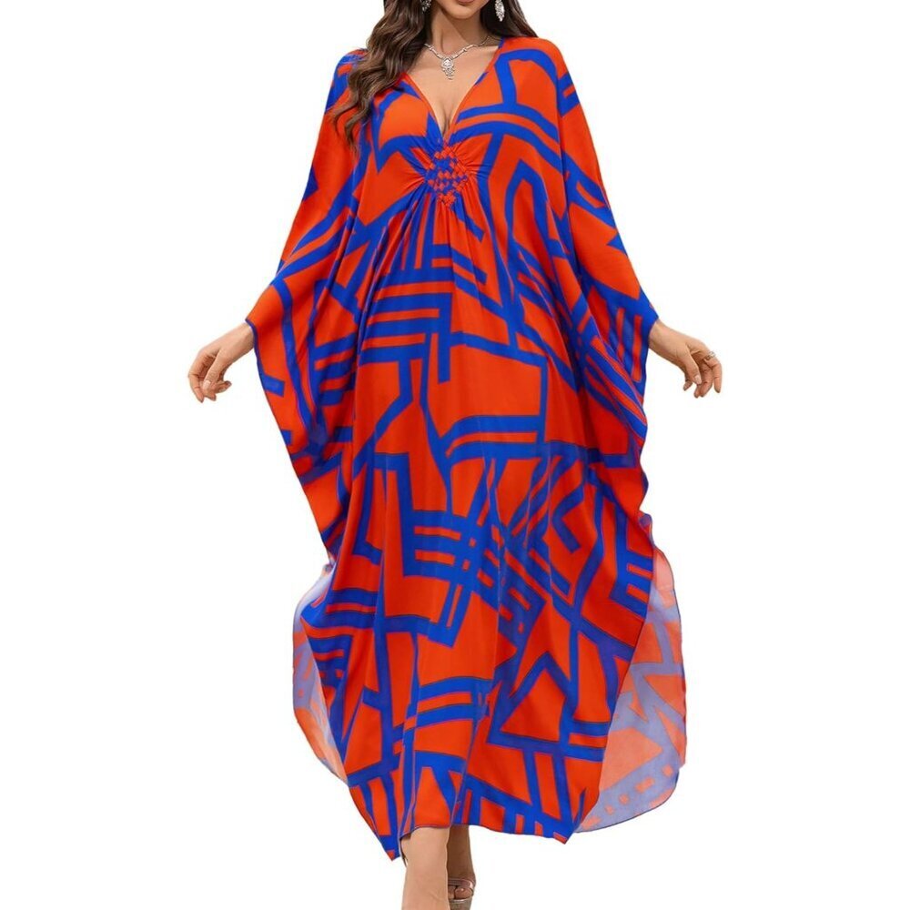 Women's Blue & Red Floral V-Neck Batwing Sleeves Summer Cover Up Kaftan Dress